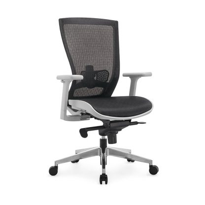 Alpha office chair with white nylon frame, mesh backrest and adjustable height
