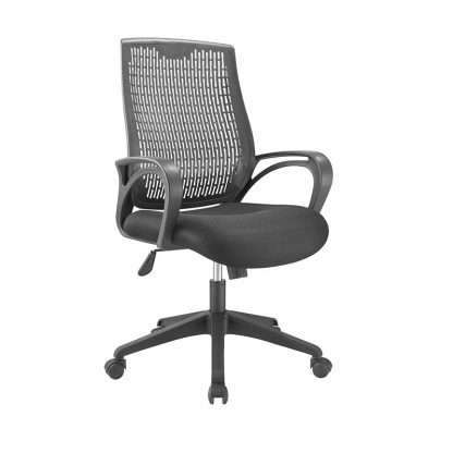 Alpha office chair with black plastic cover, mesh fabric seating, black armrest, adjustable height and wheels.