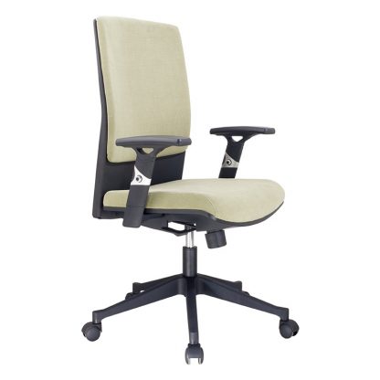Alpha office chair with fabric padded seating and backrest, armrest, adjustable height and wheels.