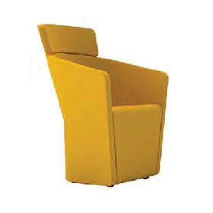 Yellow designer chair with fabric arms and soft seating by Alpha