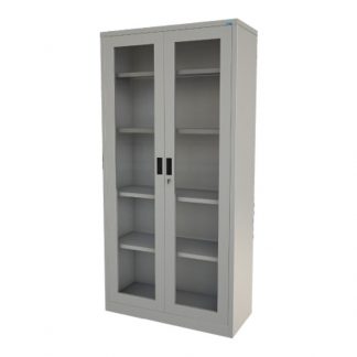 Steel library cupboard with glass doors, shelves and keyhole by Alpha Industries