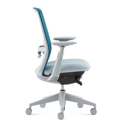 Branded SOJI office chair with fabric seating and backrest, fixed arms, adjustable height and wheels