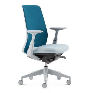 Branded SOJI office chair with fabric seating and backrest, fixed arms, adjustable height and wheels