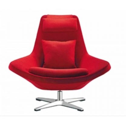 Red designer chair with pole base, fabric seating, backrest, headrest, armrest, cushion and neck pillow