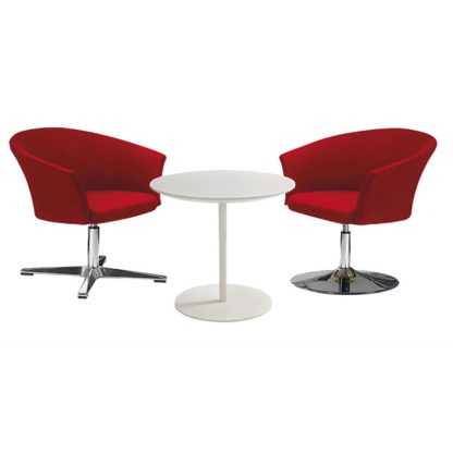 Alpha red accent chairs with pole base and fabric upholstery and silver coffee table