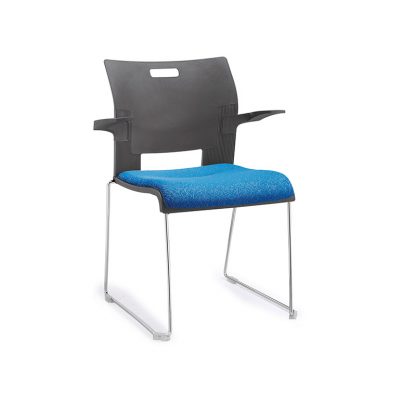 Alpha single-seater with chrome frame, soft fabric seating, plastic backrest and armrest.