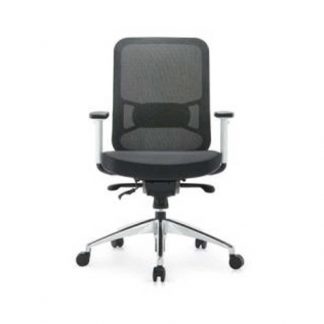 Office chair with padded fabric seat, mesh backrest, adjustable height and wheels