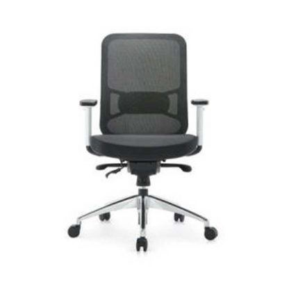 Office chair with padded fabric seat, mesh backrest, adjustable height and wheels