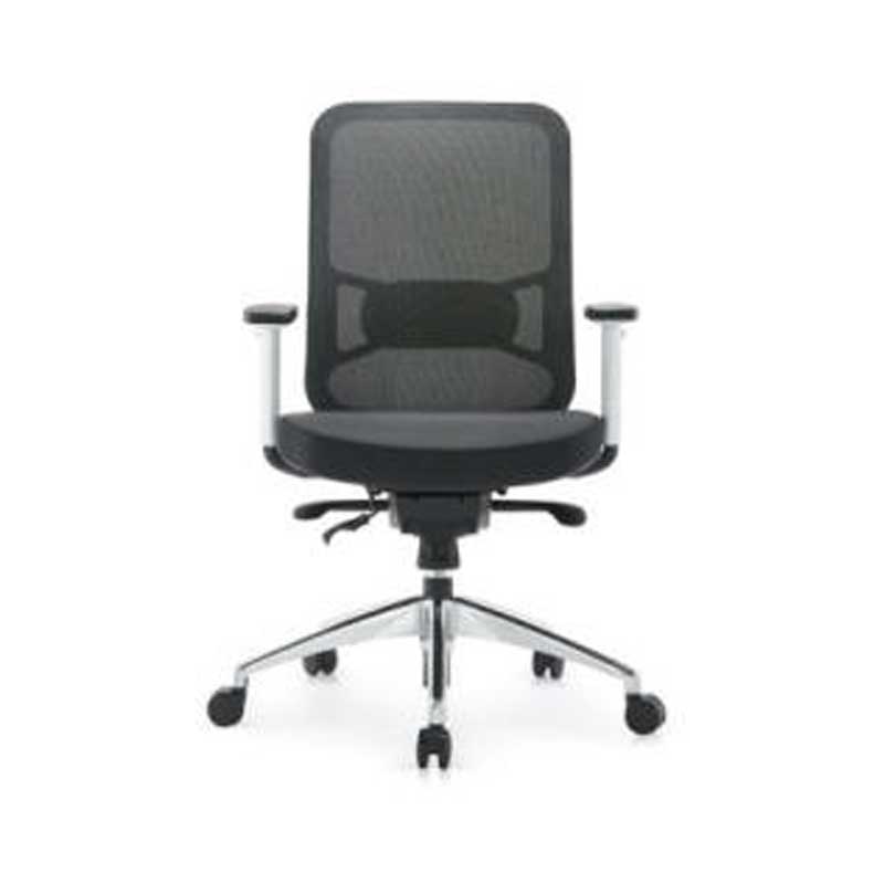 Office chair with padded fabric seat, mesh backrest, adjustable height and wheels