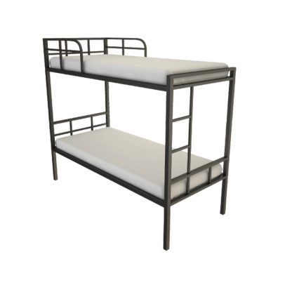 Alpha standard bunk bed with plywood base, black frame, two mattresses and an attached ladder
